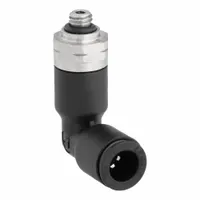 This LEGRIS elbow fitting features a UNF male thread (#10-32) on one end and a push-to-connect port on the other, designed for connecting 4 3/4 mm pipe to 1/4 in OD tubing. Constructed with a black nylon body and nickel-plated brass components, it is suitable for pneumatic systems requiring secure, leak-resistant joints in compressed air and vacuum applications