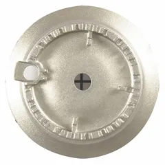 Surface burner base for Whirlpool ovens. Provides mounting and electrical connection for the burner element. Used to replace a damaged or non-functional base in gas or electric range cooktops.