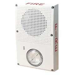 Fire alarm speaker with integrated strobe light for audible and visual signaling. Operates on 24 V DC. Overall height 8.5 inches, width 5.63 inches. Suitable for use in fire alarm systems in commercial and industrial settings.
