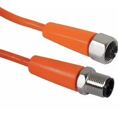 Double-ended cordset with M12 male straight and M12 female straight connectors. Features 4 pins, 22 AWG wire, and a 5 m orange PVC jacket. Designed for flexing applications in industrial automation, material handling, and packaging equipment.