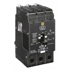 Three-phase miniature circuit breaker from the EDB Series, rated 20 A at 277/480V AC with a maximum interrupting rating of 18 kA. Designed for bolt-on installation in Square D NF panelboards, providing overcurrent protection for branch circuits in commercial and industrial electrical distribution systems.