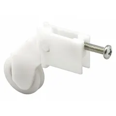 This roller assembly is a replacement component for sliding screen doors. It features a single roller (1 PR) with a white, unfinished finish. Overall height and length are both 5 13/32 inches. The assembly supports the door panel and enables smooth horizontal movement along the track.