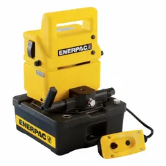 The ENERPAC PUJ1200E is a corded electric hydraulic pump unit with a maximum operating pressure of 10,000 psi and a flow rate of 20 cu in/min, powered by a 1/2 hp motor. It features a 2-position control and Advance operation mode, suitable for powering single-acting cylinders and tools in industrial hydraulic applications.