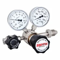 Single-stage regulator designed for high-purity and corrosive gas service. Features a stainless steel diaphragm to maintain gas purity and resist corrosion. Inlet connection is CGA 660; outlet is 1/8" tube. Maximum outlet pressure is 25 psig. Suitable for applications requiring precise pressure control of corrosive or high-purity gases.
