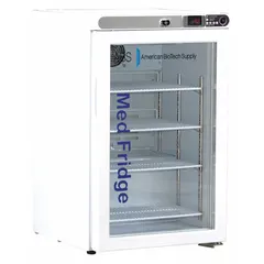 This undercounter lab refrigerator provides a 2°C to 7°C temperature range for storing vaccines, pharmaceuticals, and lab samples. It features a white finish, swing glass door with right-hand opening, and a temperature alarm. Uses R-600a refrigerant. Manufacturer part number PH-ABT-HC-UCFS-0204G.