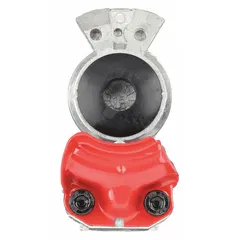 Steel emergency gladhand with straight body and 1/2"-14 thread size. Red color indicates emergency air supply use. No shut-off included. Used to connect air brake lines on heavy trucks and trailers for quick-disconnect coupling.