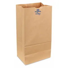 Kraft paper grocery bag with dimensions 8 1/4 in width, 5 5/12 in depth, and 16 1/6 in height. Sold in a pack of 400. Suitable for general-purpose packaging and transport of lightweight items such as parts, supplies, or groceries.