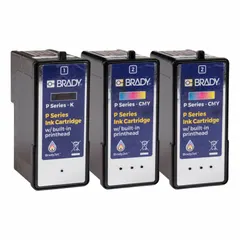 Black ink cartridge for Brady J7300 printer series. Used for printing labels and signs in industrial identification applications such as wire markers, pipe markers, and safety labels. Compatible with J7300 printers.
