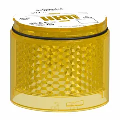 Yellow flashing light module from the Harmony XVB7 series. Operates on 24V AC/DC with a yellow lens and overall diameter of 2 13/16 inches. Used for visual status indication on industrial machinery, conveyors, and automation systems to signal warnings or alerts.