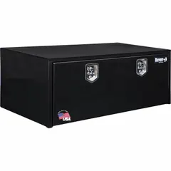 Single drop-down door box in gloss black finish. Equipped with a keyed lock for secure storage. Designed for underbody mounting on trucks to provide weather-resistant storage of tools and equipment.