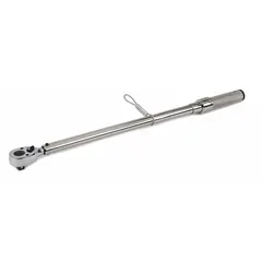 This tether-ready ratcheting micrometer torque wrench features a 1/2 in square drive and a torque range of 30 ft-lb to 250 ft-lb. It provides dual-scale readings in foot-pounds and newton-meters for precise fastening of bolted joints in assembly and maintenance tasks.
