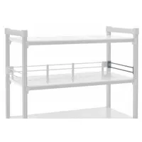 This CAMBRO Basics Plus shelf rail kit is designed for use with commercial shelving systems to add end rails, helping to prevent items from falling off shelves. The kit includes one rail and two mobile posts, finished in Soft Gray. It is suitable for foodservice, hospitality, and industrial storage applications where additional containment is needed