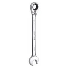 Alloy steel construction with chrome finish. 18 mm 12-point ratcheting head with offset design for access in confined spaces. Overall length 9 1/4 in. Used for tightening or loosening metric fasteners in mechanical and maintenance tasks.