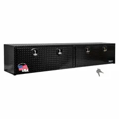 This topside truck box features double drop-down doors with a T-handle compression lid and a keyed lock, finished in gloss black. Designed for secure storage in pickup truck beds, it provides organized access to tools and equipment.