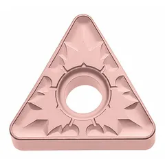 This triangle (T) indexable turning insert is made of carbide for wear resistance. It is used for general turning, facing, and profiling operations on metal workpieces. The insert fits standard indexable tool holders and is suitable for a range of machining applications.