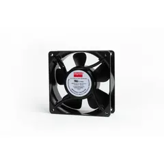 Standard square axial fan with polybutylene terephthalate blades. Delivers 77 cfm at 0.000 in static pressure. Operates on 115V AC with terminal connections. IP33 rating protects against falling dirt and water spray. Suitable for general ventilation and cooling in equipment enclosures and control panels.