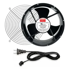This axial fan kit is designed for general ventilation, cooling of electronic enclosures, and air circulation in indoor industrial or commercial spaces. It features a 10-inch diameter, 3-1/2-inch depth, aluminum construction, and an IP20 rating for protection against solid objects. The fan operates on 120V AC with terminal connections and includes a stainless-steel wire guard for safety.