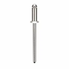 Flush-mount blind rivet for fastening materials where only one side is accessible. 0.122-inch diameter, 1 27/67-inch overall length, 5/16-inch body length, 1 13/32-inch overall length. Plain finish. Inch dimensions. Pack of 500.