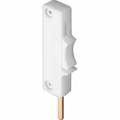 This non-handed window flip lock is designed for sash windows and sliding doors. It includes a handle and has an overall length of 3 13/32 inches. The white finish suits residential or light commercial applications. Secures the sash in a closed position to prevent unintended opening.