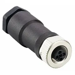 Field-wireable M12 circular connector with A coding for signal, low-power, and Gigabit data transmission. Features 8 gold-plated contacts, screw terminals, and a straight socket body with M12 female thread. Nylon housing rated IP68 for harsh environments. Rated 125V DC. Suitable for sensor and industrial automation applications requiring reliable connections.