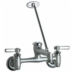 This wall-mounted widespread utility faucet is constructed from cast brass with a polished chrome finish. It features an arc spout and includes a pail hook for hanging buckets. Suitable for commercial service sinks in janitorial closets, maintenance areas, and industrial facilities.