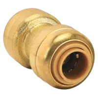 Brass push-to-connect coupling for joining two 1/4 in OD tubes. Enables tool-free connections in plumbing, pneumatic, or instrumentation systems for water, air, or inert gas lines