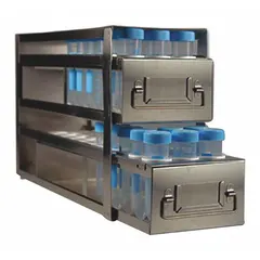 This stainless steel cold storage rack includes slide-out drawers for organized storage in freezers. With an overall width of 5 1/2 inches, it is suitable for use in laboratory or commercial freezer environments.