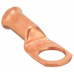 This straight copper side terminal lug is designed for 6 ga wire and accepts a 3/8 in stud. It supports both crimp and solder connections for secure terminations in battery and electrical panel applications.