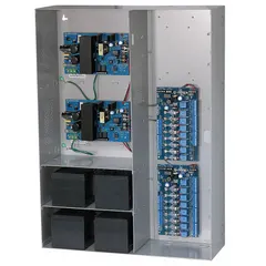 Steel-enclosed power supply board with 115V AC input, providing 8-fuse/24VDC output at 7A. Suitable for distributing power in security, access control, and industrial automation systems.