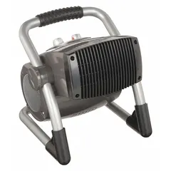 Portable electric heater with selectable 0.9kW or 1.5kW output, 120V AC, 1-phase, NEMA 5-15P plug. Includes tubular steel base and automatic reset thermal overheat protection. Suitable for supplemental heating in jobsites, garages, workshops, and similar spaces.