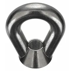 Steel eye nut with black oxide finish and oval shape. Inside diameter 1 5/8 in, outside diameter 3 3/8 in. Used for attaching slings, hooks, or cables in lifting and rigging applications.
