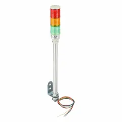 Three-tier tower light assembly with green, orange, and red light tiers for visual status indication. Operates at 24 VDC, overall height 473 1/2 mm. No sounder tier included. Suitable for machine or process state signaling in industrial environments.