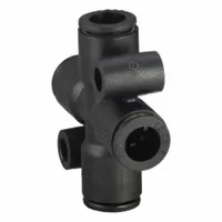 This push-fit cross fitting connects four 1/4 in OD tubes in a cross pattern. Constructed from nylon and nickel-plated brass, it is suitable for pneumatic and fluid systems in industrial automation, packaging, and material handling applications. Supplied in a black, 5-pack