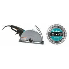 This MAKITA handheld masonry saw is designed for dry cutting of brick, block, and stone. It operates on 120 V AC at 15 A and provides a maximum cutting depth of 9 3/4 in. The saw is supplied without a stand and is suitable for construction and renovation applications requiring portable straight cuts in masonry materials.