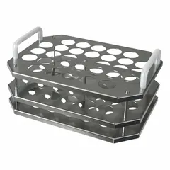 This stainless steel test tube rack in silver finish is designed for benchtop use in laboratory settings. It securely holds up to 30 tubes, providing organized storage and easy access during sample preparation, experimentation, or transport.