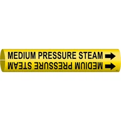 Yellow snap-on pipe marker with black legend reading 'Medium Pressure Steam'. Fits pipe outer diameters from 2-1/2 to 3-7/8 inches. Includes directional arrows. Used to identify medium pressure steam lines in industrial piping systems.