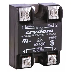 Panel-mounted SCR AC output relay with Form A (SPST-NO) configuration. Output voltage range 24 to 280V AC, maximum output current 90 A. Input current 10 mA. Screw clamp electrical connection. Not finger-safe. Not recommended for use without a heat sink.