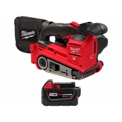 Cordless belt sander with brushless motor, operating at 1,350 SFPM. Accepts 3-inch wide, 18-inch long belts. Includes one M18 5.0 Ah battery and features a hose adapter for dust collection. Suitable for material removal, surface finishing, and shaping on wood, metal, and composites.