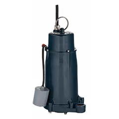 Single-phase grinder pump with 2 hp motor, 208/230V AC, 40 gpm at 10 feet of head, and 16 A current. Tether float switch enables automatic operation. Designed for residential and commercial wastewater systems, grinding solids into slurry for transfer to sewer mains or septic systems.