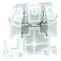 DIN rail mount pass-through block with screw clamp wire termination. Features 2 wire terminals and accepts minimum 22 AWG wire. Used for connecting and distributing wires in control panels and automation systems.