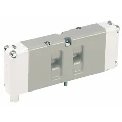 Four-way, two-position solenoid air control valve with double solenoid and solenoid return. Type 15407-2 with internal pilot actuation. Directs compressed air to actuate double-acting cylinders or other pneumatic actuators in industrial automation systems.