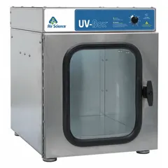 Ultraviolet chamber with high intensity UV lamps producing 254 nm light. Operates on 115V AC. Overall dimensions: 20 in width, 20 in depth, 19 in height. Used for surface sterilization and disinfection in laboratory and industrial settings.