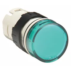 Green smooth pilot light head for XB5 series. Compatible with integral LED module. Used for visual status indication on industrial control panels and automation equipment.