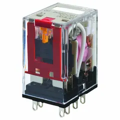 Socket-mounted relay with 4PDT contact configuration, 14 flat pins, and square base. Rated 1 A at 220V AC resistive load, 24V DC coil. Plug-in connection for use in control panels, PLC interfaces, and signal switching in industrial automation.