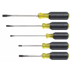 This 5-piece screwdriver set includes Phillips and slotted tip types for general fastening tasks. Suitable for electrical, construction, and maintenance work, the set provides common tip sizes for everyday use.