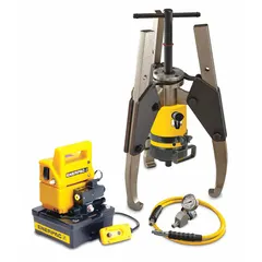 This ram puller set has a 64 ton cylinder nominal capacity and includes attachments for pulling applications. It is powered by an electric pump. Typical uses include removing bearings, gears, and shafts in industrial maintenance and repair tasks.
