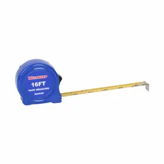 Standard inch tape measure with a 16 ft length and SAE inch markings in 1/16 in graduations. Features a nonmagnetic single hook tip, stud markings, and a manual lock. Housed in a blue plastic case. Suitable for general measuring tasks in construction, carpentry, and DIY projects.