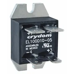 Panel-mounted solid state relay with MOSFET DC output, Form A (SPST-NO) switch configuration. Output voltage range 3 to 100 VDC, maximum output current 5 A without heat sink. Input current 27 mA, quick-connect terminals. Suitable for switching DC loads in industrial control and automation systems.