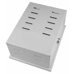 Steel thermostat guard with hinged cover and lock & key for securing thermostats against tampering and unauthorized adjustment. Off-white finish, ring base, single-wall construction. Inside dimensions 7-7/8 in H x 5-11/16 in W x 3-3/8 in D; outside dimensions 8-7/16 in H x 6-1/4 in W x 3-11/16 in D. Suitable for commercial or industrial environments where thermostat protection is required.