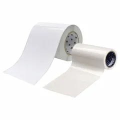Vinyl, white label protection overlaminates kit with permanent adhesive, 8 1/4 in height. Used for creating durable labels for asset tagging, safety signage, and cable marking in industrial environments.